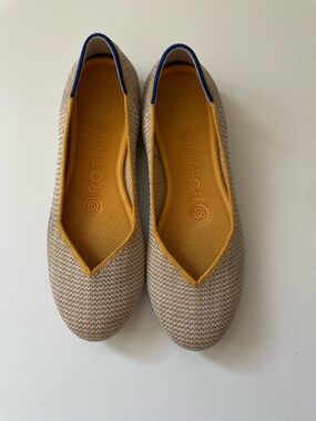 Rothy's Women's Pointed V-Neck Flats in Natural with Mustard & Navy Trim
